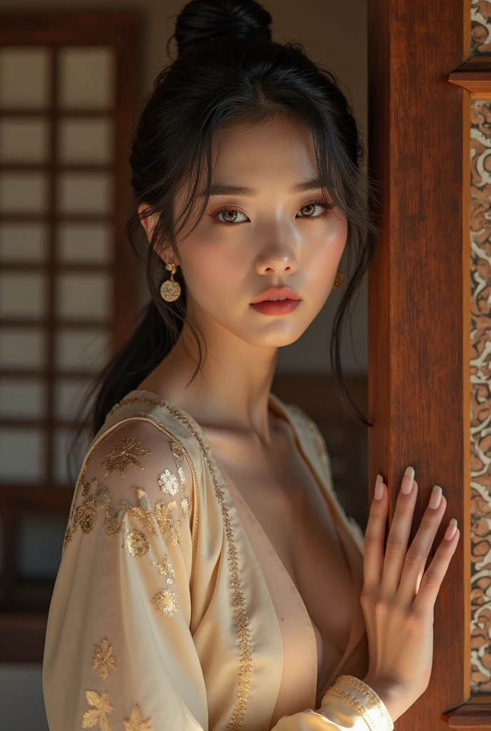 Create an image of a beautiful woman wearing a sexy Japanese princess outfit., The see-through fabric is so thin that the wearer's nipples and skin can be seen., She can spread her legs wide to show off her genitals., She has a slim face., sharp eyes, long hair, responsive face, high nose, and thin lips, Her breasts are 32 inches long with pink nipples., Her waist is 24 inches., Her hips are 33 inches., Her skin was bright and white., She has light brown hair., And her figure was slim and slightly muscular..