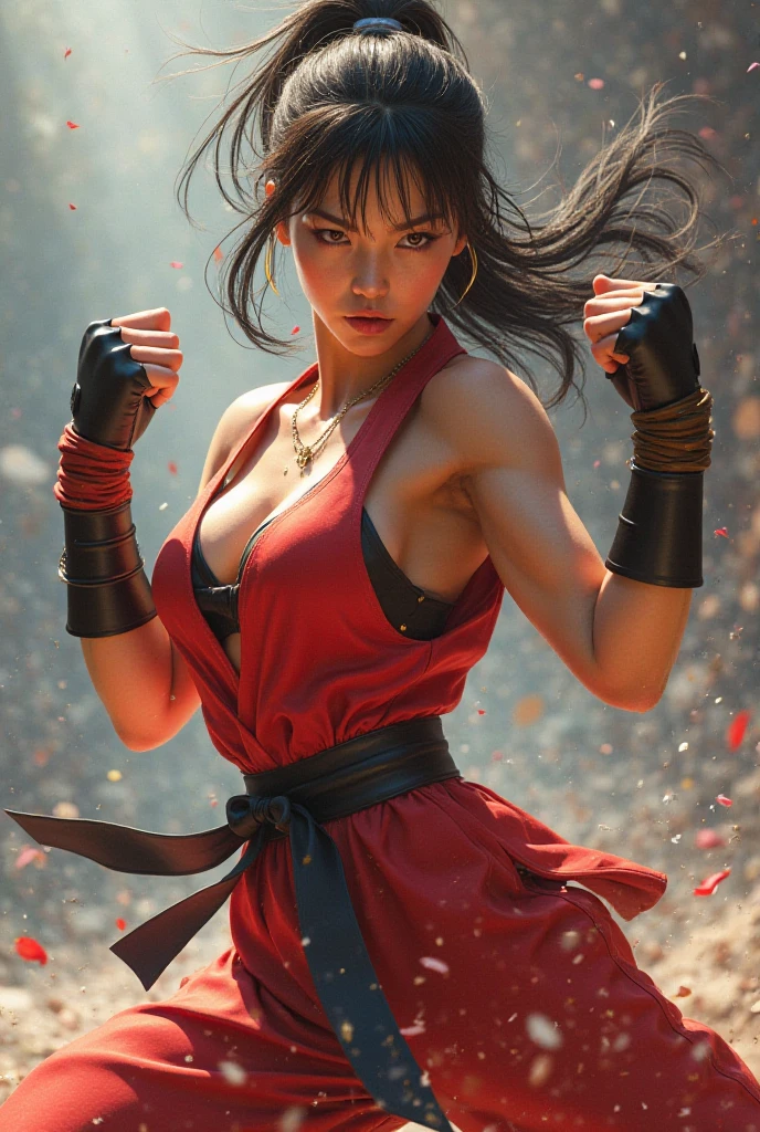 4k, best quality, realistic, detailed, Two women A female karateka wearing a white open-chested gi with a black belt around her waist and a red cloth headband on her head, and another female karateka wearing a red open-chested gi with a yellow belt around her waist, are sweating as they exchange hadouken punches. The air is distorted with intense heat and aura, and energy is gathering around the fists that are about to be unleashed. Serious expressions. Muscular arms and legs. Huge breasts. Her breasts and nipples are spilling out of her dogi.