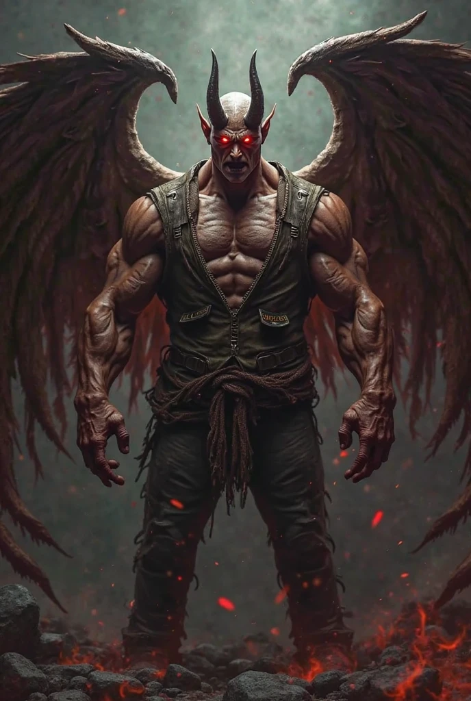Create a drawing of a half-human body and a cyborg on the side with demonic wings and angelic wings and a crown and horns and that on the face a psychopathic smile is shown and on the chest it has a tattoo of the Taurus zodiac sign and in the center of it the sign of the mark of sacrifice that has a physique of a water god and a beauty of an ada