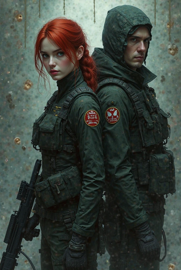 A couple, They are very close to each other.
She has red hair and green eyes, Also her skin is very white and she has freckles all over..
He has black hair and gray eyes., He is very muscular and tall, he wears a military suit