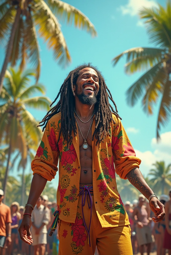 Make a picture of a young man dancing reggae on the beach, young latin, mixed skin color, glad. Young man from Sao Luis, Maranhão