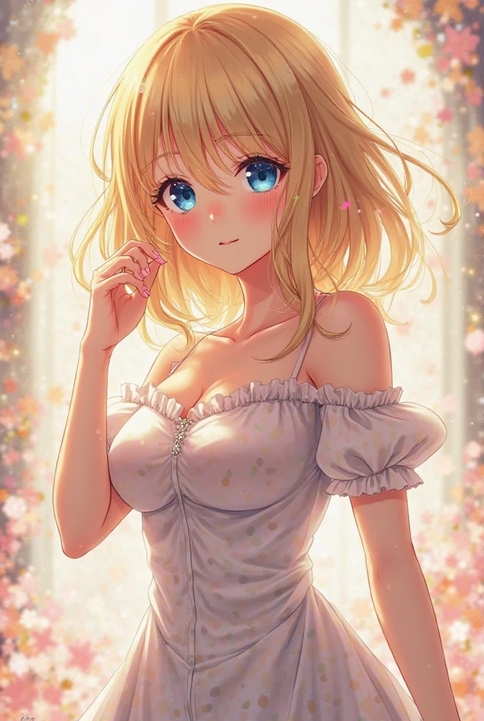 highres, sharp focus, (ultra detailed, extremely detailed), (photorealistic artwork:1.37),(extremely detailed CG unity 8k wallpaper),((synthwave background theme)),(((vibrant colors))),(intricate),(masterpiece),(best quality), masterpiece, best quality, anime,1 beautiful 24 year-old lady, light blonde hair, center part, medium-short hair, (upturn curls framing face, feathered style hair), CosmiEyes, light blue eyes, (beautiful and detailed description of the eyes), ultra detailed, big smile, happy, blush on cheeks, detailed body, hands kept behind back in a shy pose, (detailed face), cute, charming, ((white blouse, frilly blouse, short sleeves, girly jeans)), dynamic pose, (centered, Scale to fit dimensions, Rule of thirds), standing, nearby tree, sunny day, early afternoon, cinematic lighting, detailed background