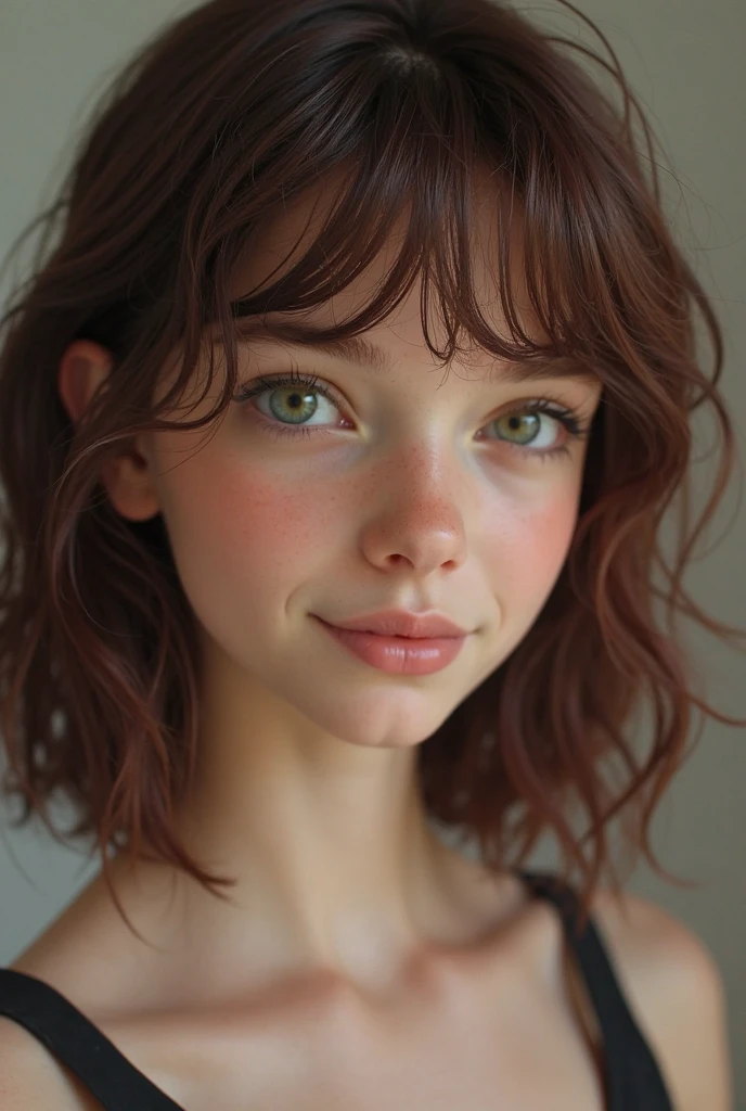 Portrait of a brunette girl, with green eyes, curly hair and brown skin