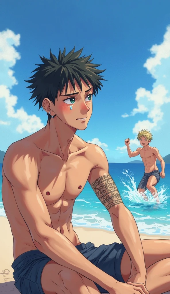 yamato(one piece),black skin,white-turquise hair