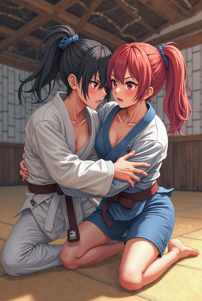 (in style of Takeshi Obata:1.3),
(+18) , (Top quality, masterpiece), Japanese personal model, colossal, Brazilian Jiu-Jitsu suit, two enchanting women, breast cleavage, dojo, image quality at the highest level, in a close and intense fight, 
