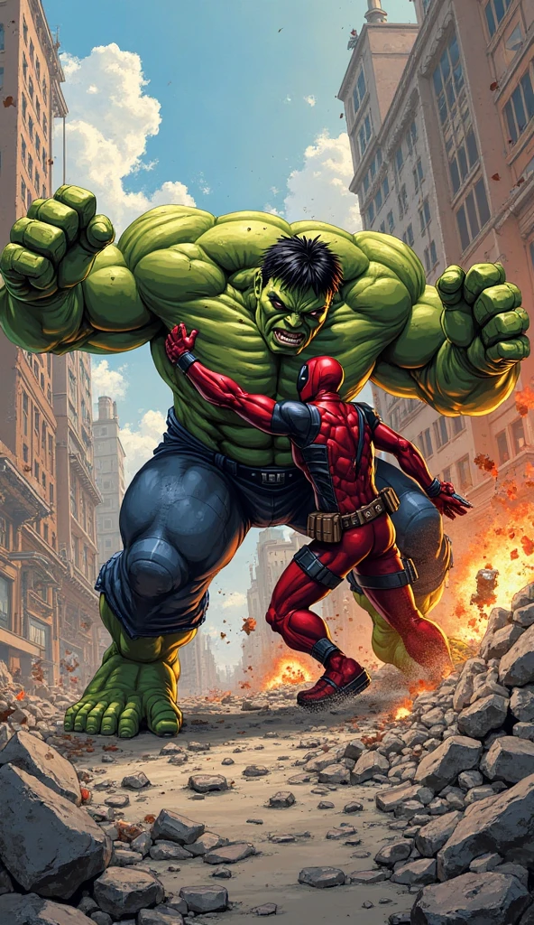Create a dynamic and energetic combat scene between Hulk and Deadpool, inspired by the post-impressionist style of Vincent van Gogh. Utilize Van Gogh's characteristic techniques, such as vigorous brushstrokes, vibrant colors, and bold textures, to convey the intensity and turbulence of the battle.
Composition and Layout:
Foreground:
Hulk:
Pose: Depict Hulk in a powerful and explosive posture, mid-motion. He could be shown striking the ground or delivering a punch, with his muscles tensed and veins bulging. The movement should be amplified by energetic and swirling brushstrokes.
Skin and Musculature Details: Render Hulk’s skin with textured brushstrokes to highlight his muscular bulk. The colors should be rich and saturated, using shades of green and touches of blue to add depth and dimension.
Facial Expression: Capture Hulk’s face with an expression of rage and power. Use short, irregular brushstrokes to texture his face, with details in the eyes and mouth to enhance the emotional intensity.
Lighting: Employ strong contrasts with bright light areas and deep shadows to accentuate Hulk’s form, while maintaining Van Gogh’s fluid and swirling style. The lighting should enhance the visual impact of his action.
Deadpool:
Pose: Position Deadpool in a dynamic stance, perhaps leaping or evading an attack. Show him in mid-motion, with fluid lines and vigorous brushstrokes that suggest great agility and speed.
Costume Details: Render Deadpool’s costume with vibrant, saturated colors—red and black—using vigorous brushstrokes to capture the texture and movement of his outfit. Include details like tears or splashes to show the intensity of the fight.
Facial Expression: The Deadpool mask should be expressive despite its design, with eyes and mouth painted to reflect determination or a smirk. Use bright colors to highlight these expressions in Van Gogh’s style.
Li