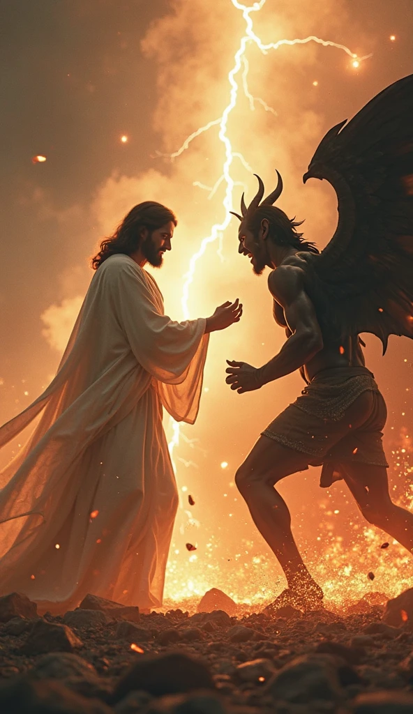 Make a video "jesus Cristo e o Diabo travam uma batalha épica em meio a um cenário apocalíptico. jesus, Dressed in a flowing white robe, radiates an intense divine light, as you face your adversary with serenity and determination. The devil, a demonic creature with dark skin, sharp horns and dark wings, is surrounded by hellish flames and an aura of darkness. The ground shatters under your feet, as lightning cuts through the turbulent sky. Opposing energies collide, Creating a show of light and shadows, representing the eternal confrontation between good and evil."