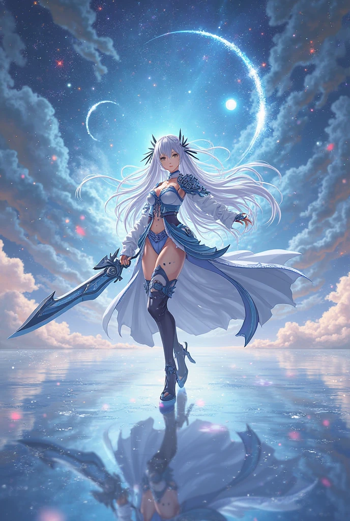 Boys\(Knight,15 years old,Chinese Clothes,White long hair,Black lace up blindfold,White clothes,Pale skin,Handsome face,Holding a white Tang sword\)Back,Many small crystal blue butterflies,Flying from the ground to the air,There is a huge Oriental white dragon facing the screen at the top of the screen.,Bare fangs and claws,Surrounded by white clouds,vivid,The picture is exquisite,Surrounded by white clouds,White clouds reflected in the water,There are cherry blossoms on both sides of the picture,Cherry blossom petals gradually fall,Cherry blossom petals sprinkled on the water, creating ripples,quality\(8K,Extremely detailed CG unit wallpaper, masterpiece,high resolution,top-quality,top-quality real texture skin,Surrealism,提high resolution,RAW photos,Best quality,Very detailed,wallpaper,light,Ray Tracing,Golden Ratio\),(Long Shot),Wide-angle lens,landscape,