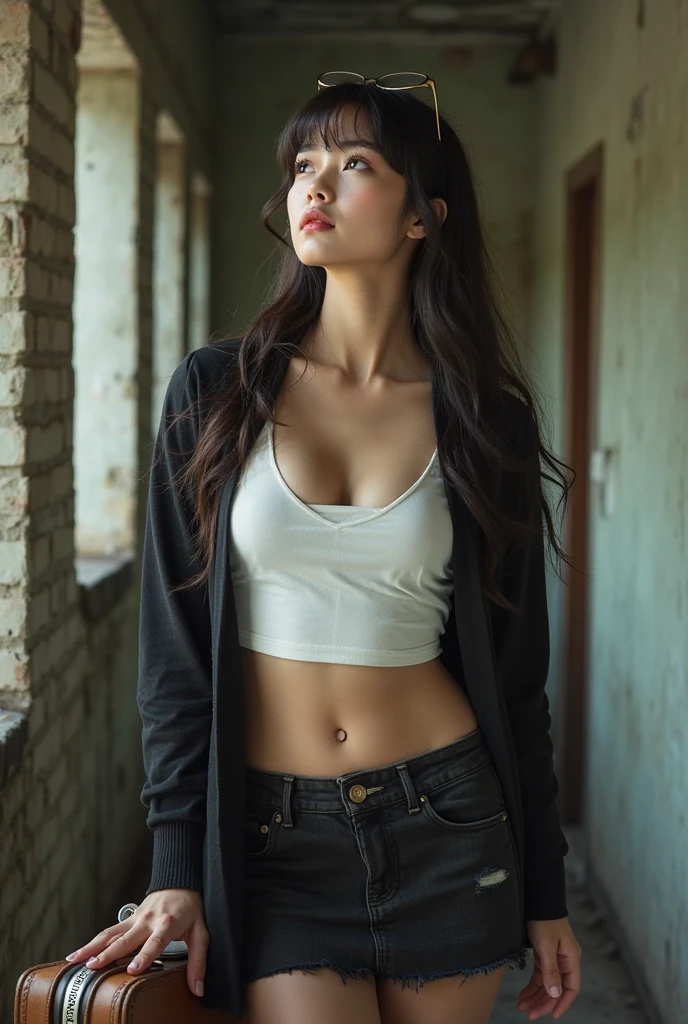 one pretty girl, solo, supermodel, long hair, makeup, parted lips, big , cleavage, tank top, further jacket, open clothes, (looking at viewer), standing against wall, indoor, thighs, soft lighting, film grain, upper body, epiCPhoto, (best quality:1.2), (masterpiece),((ultra-detailed)),