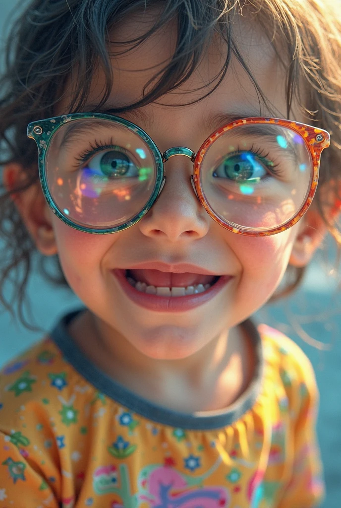 Photograph of a happy child&#39;s face with glasses and reflections in them with pennyroyal herbs on the sides in an environment with morning light and shadows projected on his face wide shot
