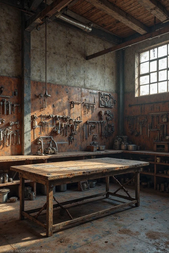 (masterpiece) (cinematic) finely detailed antique workshop interior (detailed motorcycle frames on the wall, super detailed rustic table, finely detailed tools) ultra definition and 4k image
