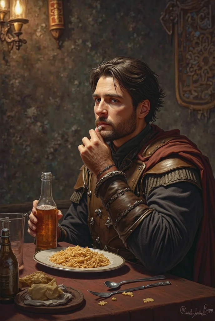 (((Pre-Raphaelite Celtic painting of a man singing while holding a glass of wine, coberto de folhas de videira e cachos de uvas, paisagem celta antiga)))