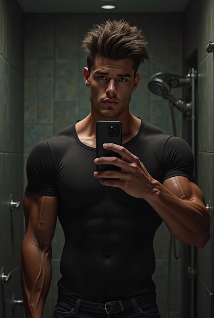 Shawn mendes standing naked in a shower holding his ten inch hard , in a photo realistic style