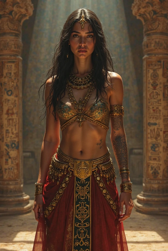 Colombian indigenous queen, posing sideways. Good profile. beautiful. indigenous traits. with gold headdress and tribal paint on his face and body. and gold metal accessories. indigenous ritual. indigenous queen pose. with imposing pose. with cetro. full body. muisca warrior. excellent composition. hyper realism. 8k. Photography, hyper realism. k. Photography (masterpiece, Super detail, High detail, Best Quality, 8k, lightning