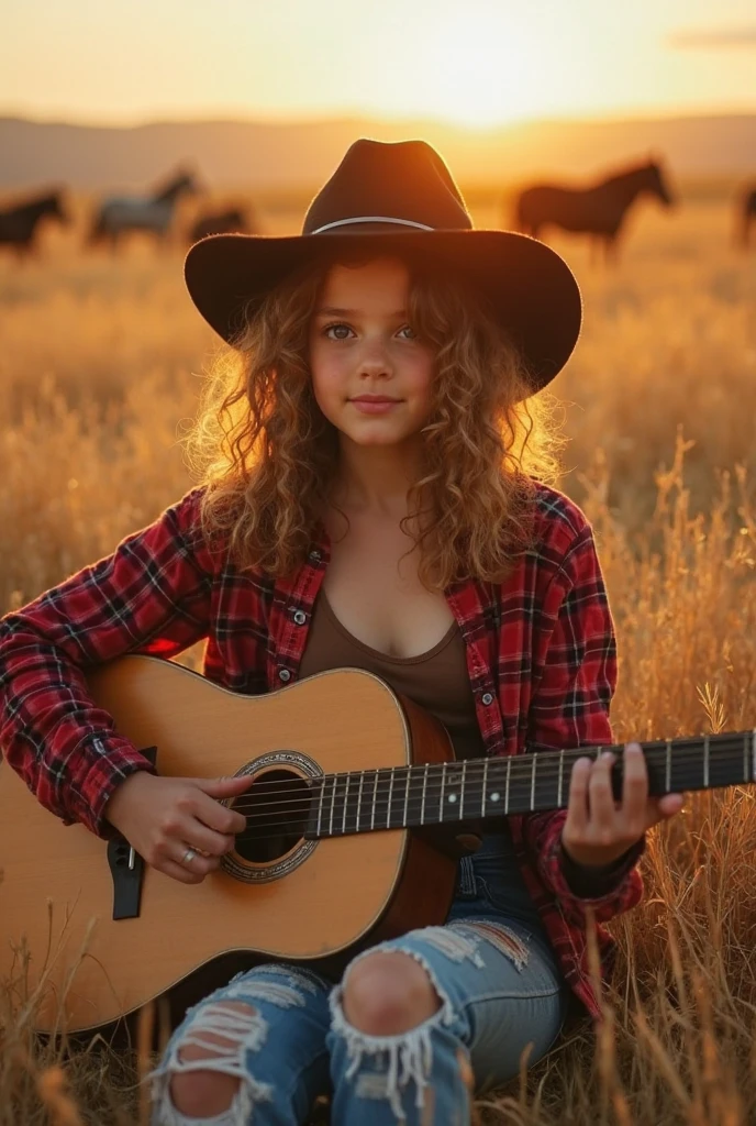 10 year old Russian child girl, close up, PORTRAIT, with long blonde hair, in a cowboy hat playing a guitar in a barn, wearing cowboy hat, photo shoot, wearing a cowboy hat, promotional photo, and a cowboy hat, cowboy hat and glasses, pr shoot, photo of a promotional session, TV still, photo - shooting, cowboy shot, shaded, country