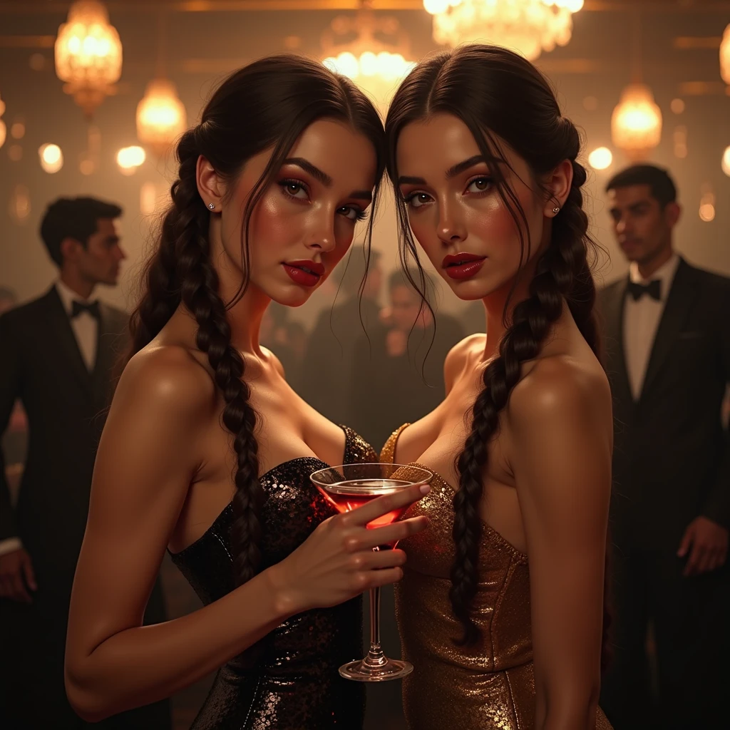 2heads,1 girl, monalisa smile, mesmerizing eyes, straight long hair, wavy hair,blonde hair, black hair, colorful flowing dress, poised posture, porcelain skin, subtle blush, 
BREAK
soft shadows, vibrant colors, painterly effect, dreamy atmosphere, sitting across from viewer in table at restaurant
BREAK
Fancy restaurant in background, restaurant is packed, window showing city evening, ultra detailed, official art, unity 8k wallpaper
, zentangle, mandala