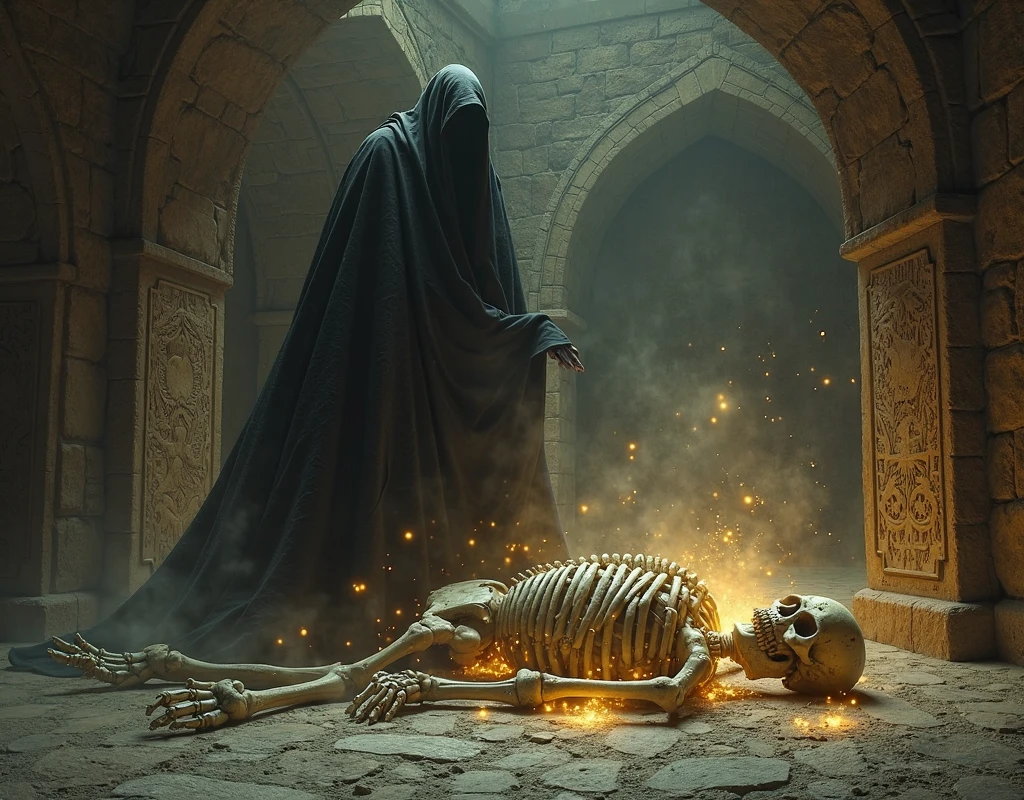 Death tormenting a female priest