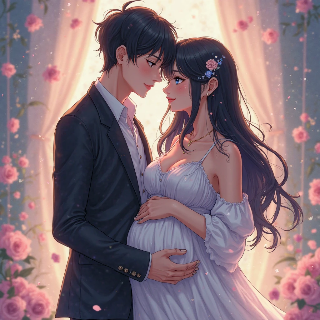 A Japanese female anime character and a handsome man got married.
The woman became pregnant..