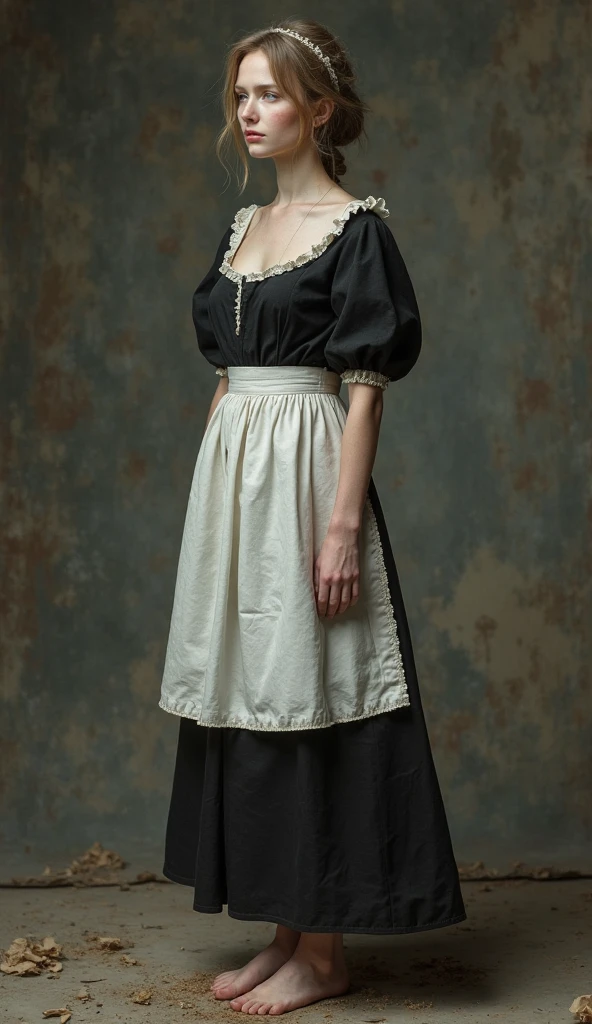 barefoot-maid-photorealism-full-length-black-dress-and-white-apron
