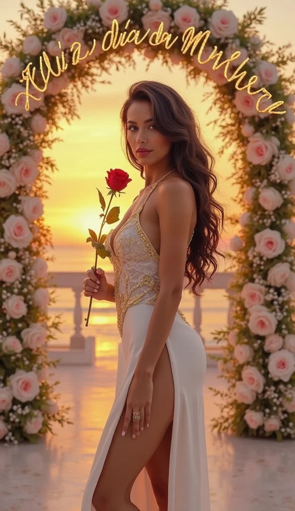 close-up, full length,absolutely naked cute sexual girl , kissing long red rose in her hand and looking at me, flirt, cyberpank gold parts body,against the backdrop Egyptian columns, ultra high quality detailing