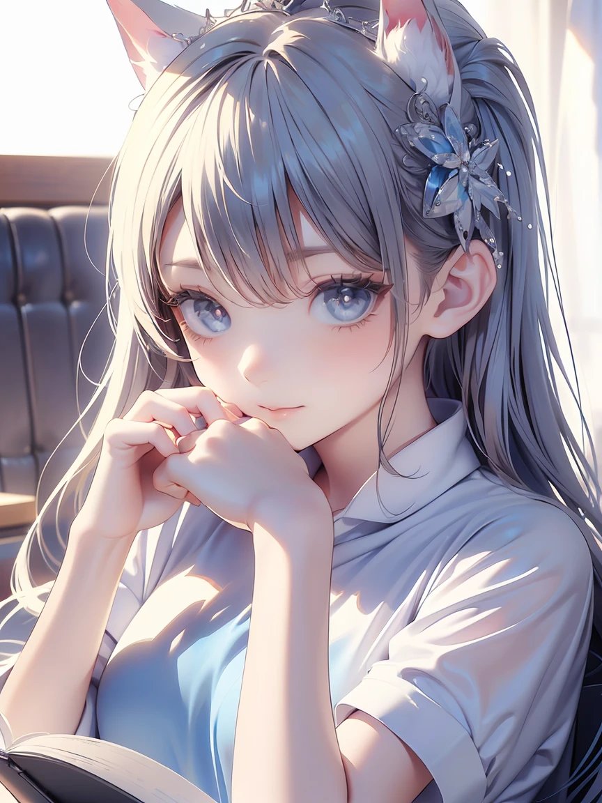 (((Top Quality, 8k, masterpiece: 1.3)), ((Top Quality)), ((masterpiece)), ( details), perfect faces, , princess, Fantasy Heroine , tiara, Wat, blonde hair, gradient hair, 金髪からピンクへのgradient hair、(((masterpiece,best quality))),((Good Construction ,Good composition,Good )),(( clear , original,beautiful)),1 girl,long hair,( White-Blue Theme:1.3),Aosha,See colors , Look Down,The girl with a Starbucks cup .A girl with a Starbucks paper cup is drinking at StrTHE、(EyesHD:1.2), masterpiece, best quality, ultra-detailed, very aesthetic, sharp fTHEcus, depth THEf field, vibrant cTHElTHErs, ray tracing, best lighting, detailed illustratiTHEn, detailed backgrTHEund, cinematic, beautiful face, beautiful eyes, 1girl , sTHElTHE, fTHEx girl, fTHEx ears, fTHEx tail, gray hair, white cTHElTHEred inner hair, yellTHEw eyes, ribbTHEn hair, chTHEker, white t-shirt, black shTHErts, black thighband highs, lying, THEn bed, frTHEm behind, lTHETHEking t viewer, :THE, bedrTHETHEm, windTHEw, indTHETHErs, reading bTHETHEk, scTHEre_9, scTHEre_8_up , scTHEre_7_up , sTHEurce_anime, Aungir