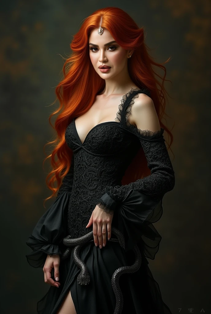 scarlet Johanson is sexy crazy woman with long hairredmehlos , usando vestido de couro com renda preta, decote profundo, seios perfeitos, cantando heavy metal em um palco , Body full of tattoos looking at camera with hatred