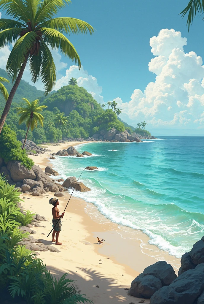 A drawing image with the theme of the city of Ubatuba, must contain cocoa, fisherman, Indians and turtles