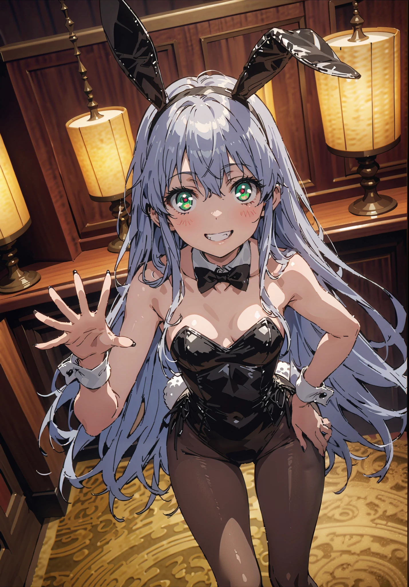 score_9, score_8_up, score_7_up, source_anime, Prohibited bibliography, green eyes, Lantern, long hair, smile,blush, grin ,playboy bunny, rabbit ears,bow tie, strapless leotard, fake animal ears , rabbit tail, leotard, collar with a butterfly on the back, wrist cuff as pmaru,black pantyhose,pin heels,トレイ on the one hand, casino,chandelier, party venue,standing,full bodyがillustration for both eyesに入るように, break indoors, casino,
break looking at viewer,full body,
break (masterpiece:1.2), Top Quality, High Resolution, Unity 8K Wallpaper , (illustration for both eyes:0.8), (Beautiful Detailed Eyes:1.6), highly detailed face with a woman, perfect lighting, highly detailed CG, (perfect hands in a dark bedroom, perfect anatomy),