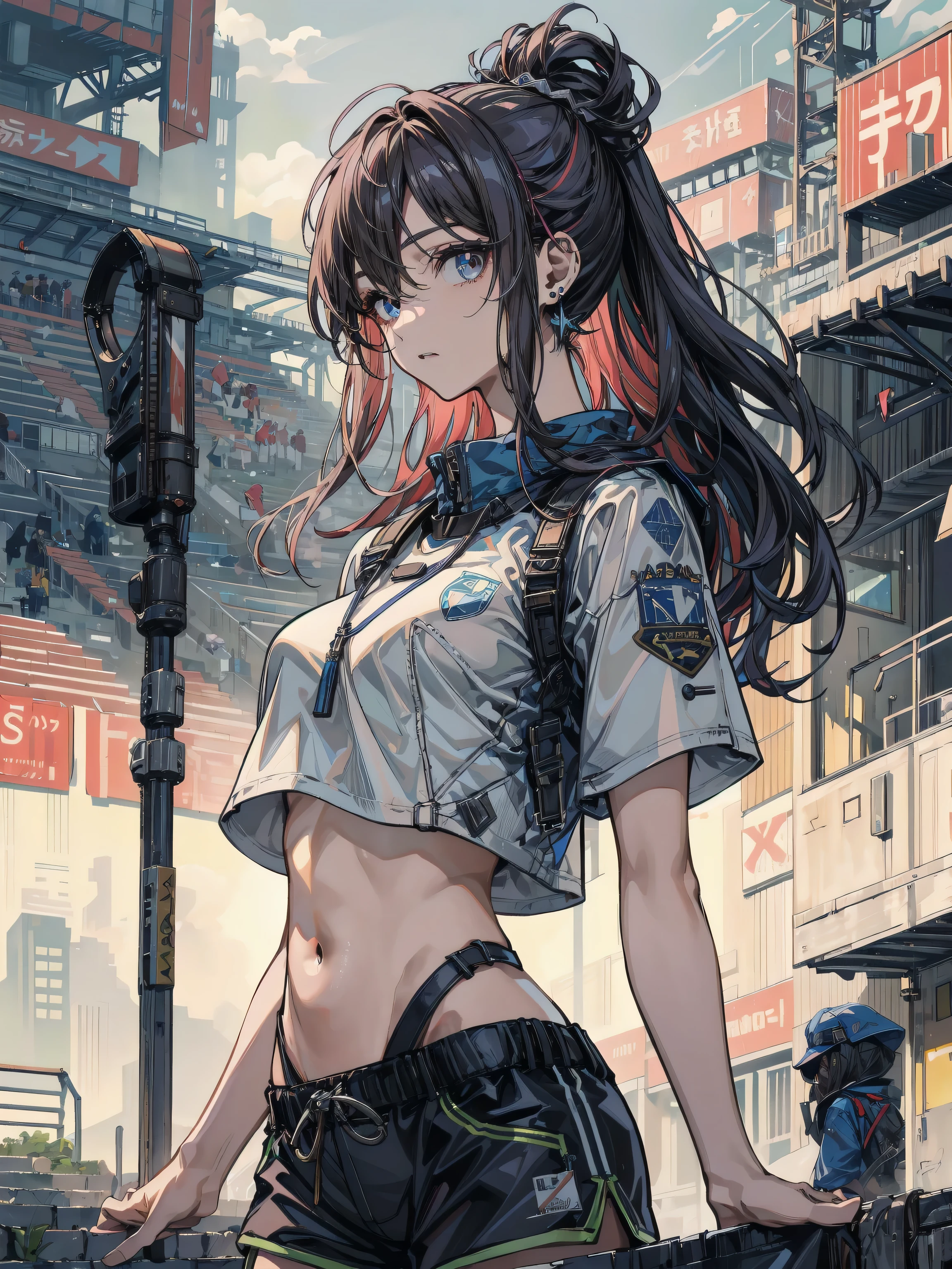 A Cyberpunk Anime Girl in a , Cowboy Shot, Perfect Body, Glasses, Beautiful, Abs, Short Dark Blue Hair, Quiff with Shaved Taper Fade, School Gym, Super Detailed