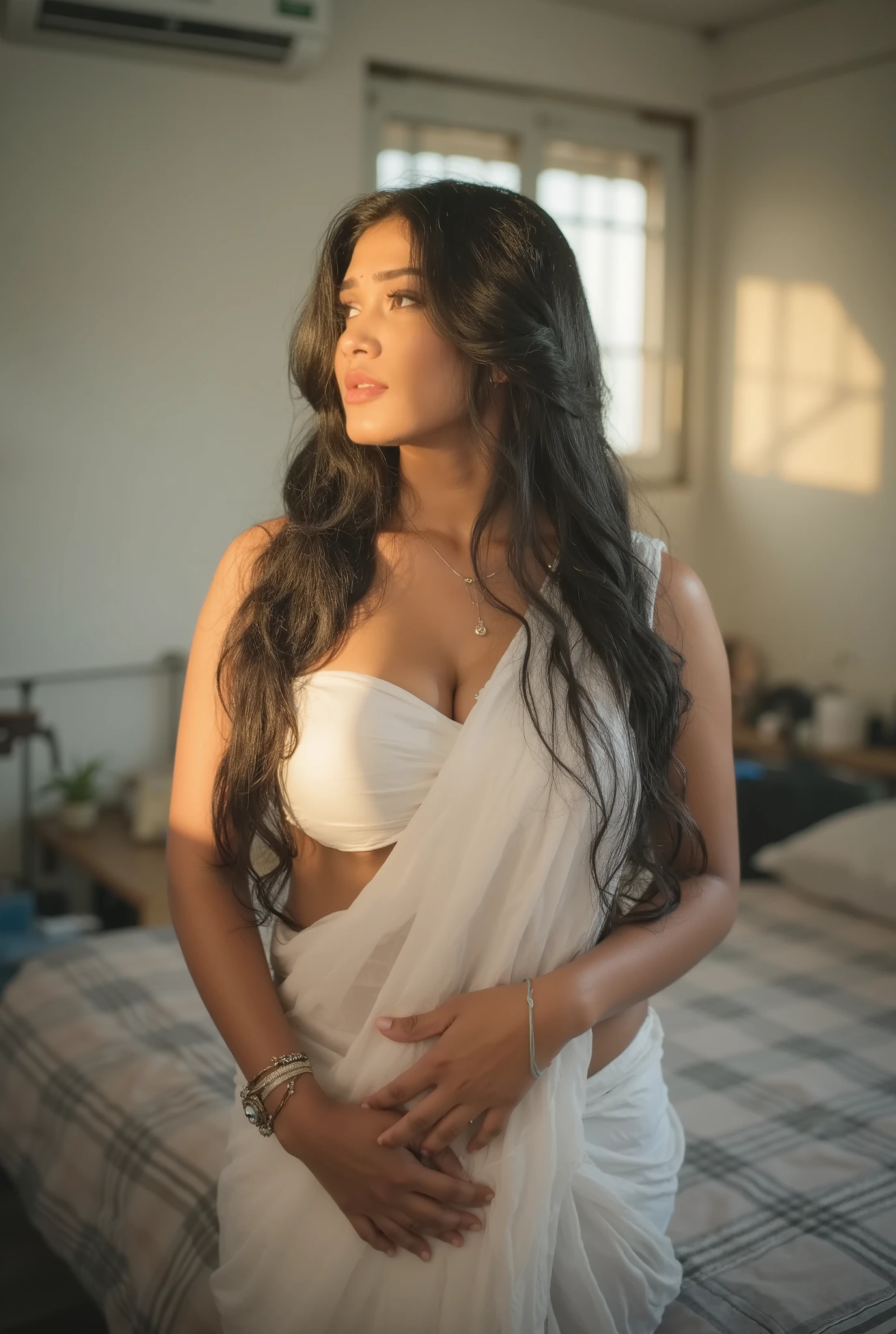 Beautiful face, slim waist, Bright sunlight on one side, Indian girl near bright window, wearing white strapless twisted mini tube bandeau on bed, white saree, thick checked print soft bed, messy bed, parl necklace, bangles, armlet, barefoot, shiny oiled skin, sweaty skin, chubby cheeks, thick arms, bare navel, busty curvy and hourglass figure, very big , sunlight on face, detailed skin, short hair bangs, sweet face, depths of field, cinematic, 8k, canon 5D, raw photo, film gain, indian housewife, very descriptive look, detailed leg, detailed hand, Cinematic Lighting, Sparkle, Surrealism, accurate female anatomy, accurate female body
