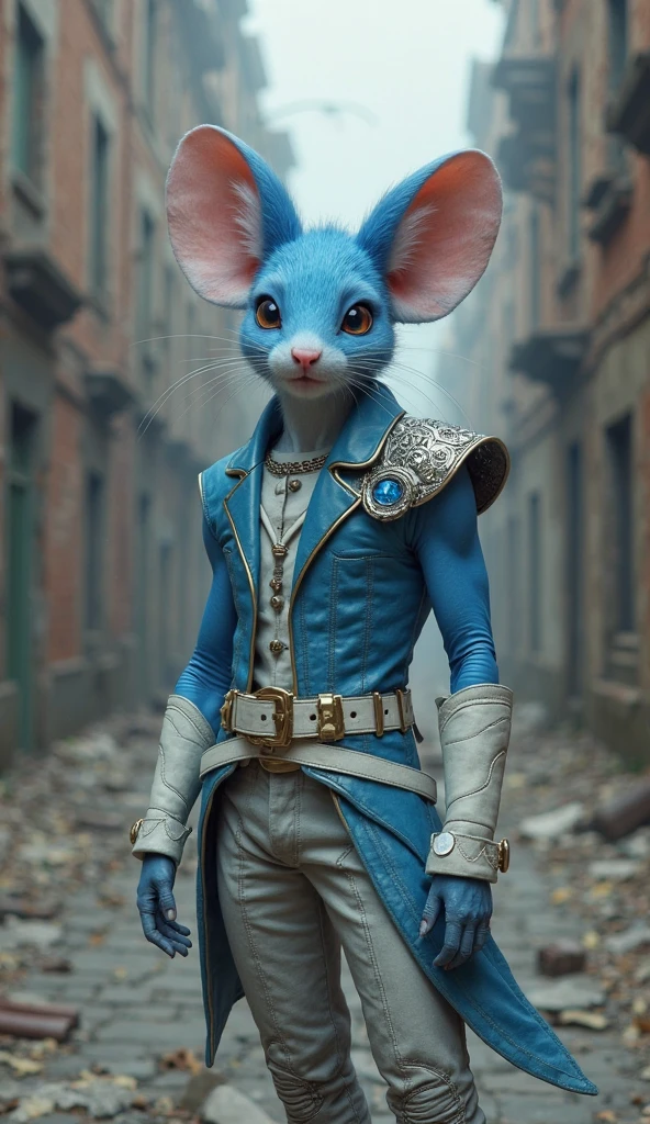  Fantastic　realistic footage　Ruined End of the Century Building Street　　light blue leather vest　silver shoulder brace with blue stone　wide white belt with gold buckle　Grey Long Pants 　A cool, muscled light blue mouse wearing white long boots　Light blue aura