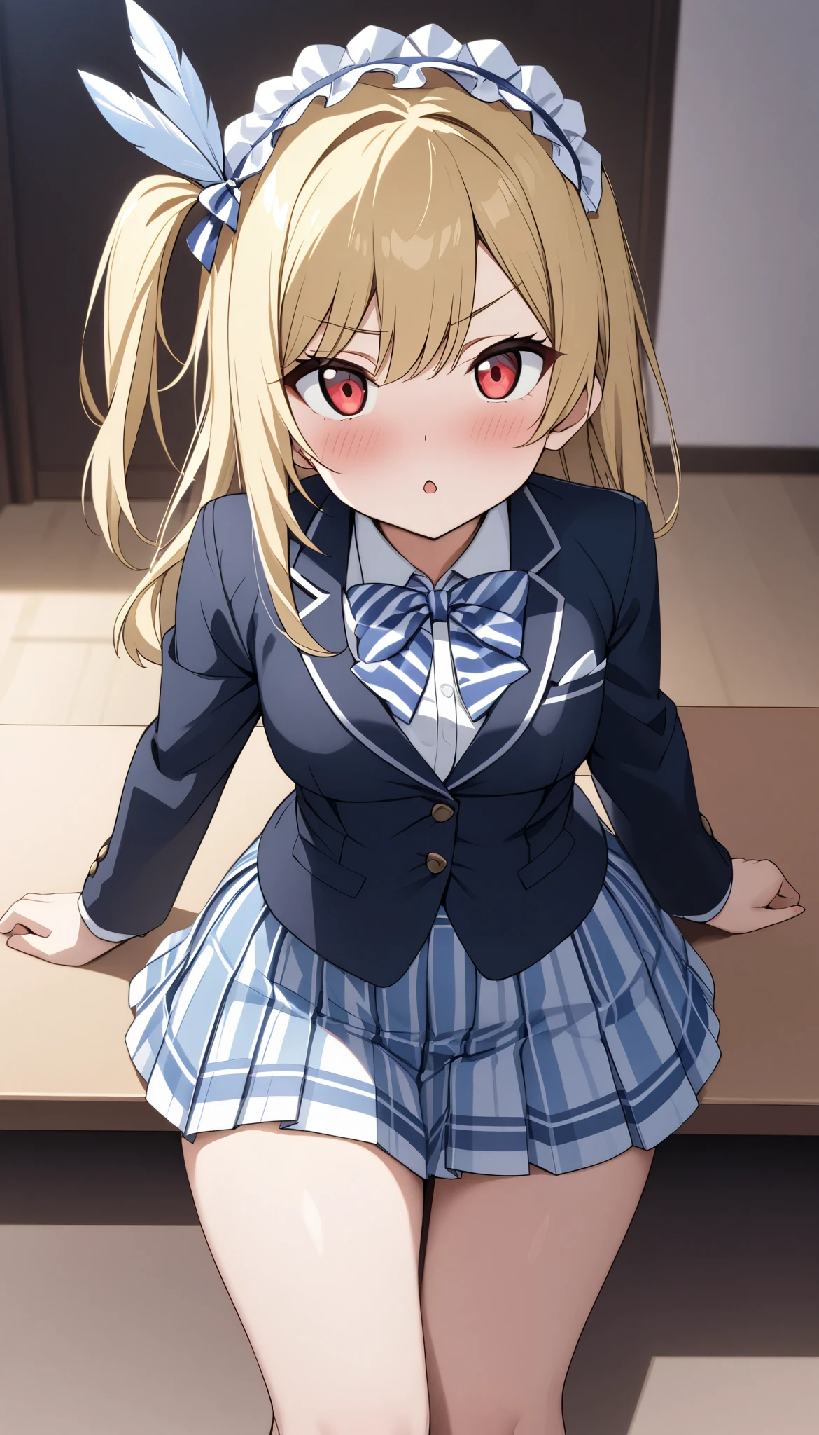 masterpiece, best quality, One side up, feather headdress, blond with a big face、short、summer、 red and white striped bow tie , Navy Blue Blazer, Blue and white striped pleated skirt,staring at me、red eye、