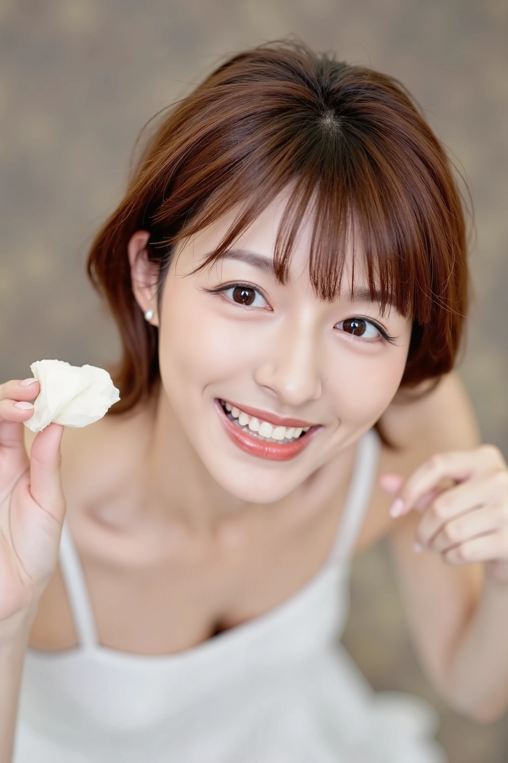 A high resolution photograph of a Japanese mature woman, masterpiece, photo-realistic, sharp focus, portrait, fashion shoot, solo, 1girl, kneeling, bare shoulders dress, short bob cut brown hair, open mouth wide, white cum in mouth, joyful expression, facing up, looking up at the viewer, face focus, close-up of face, front view, view from above),