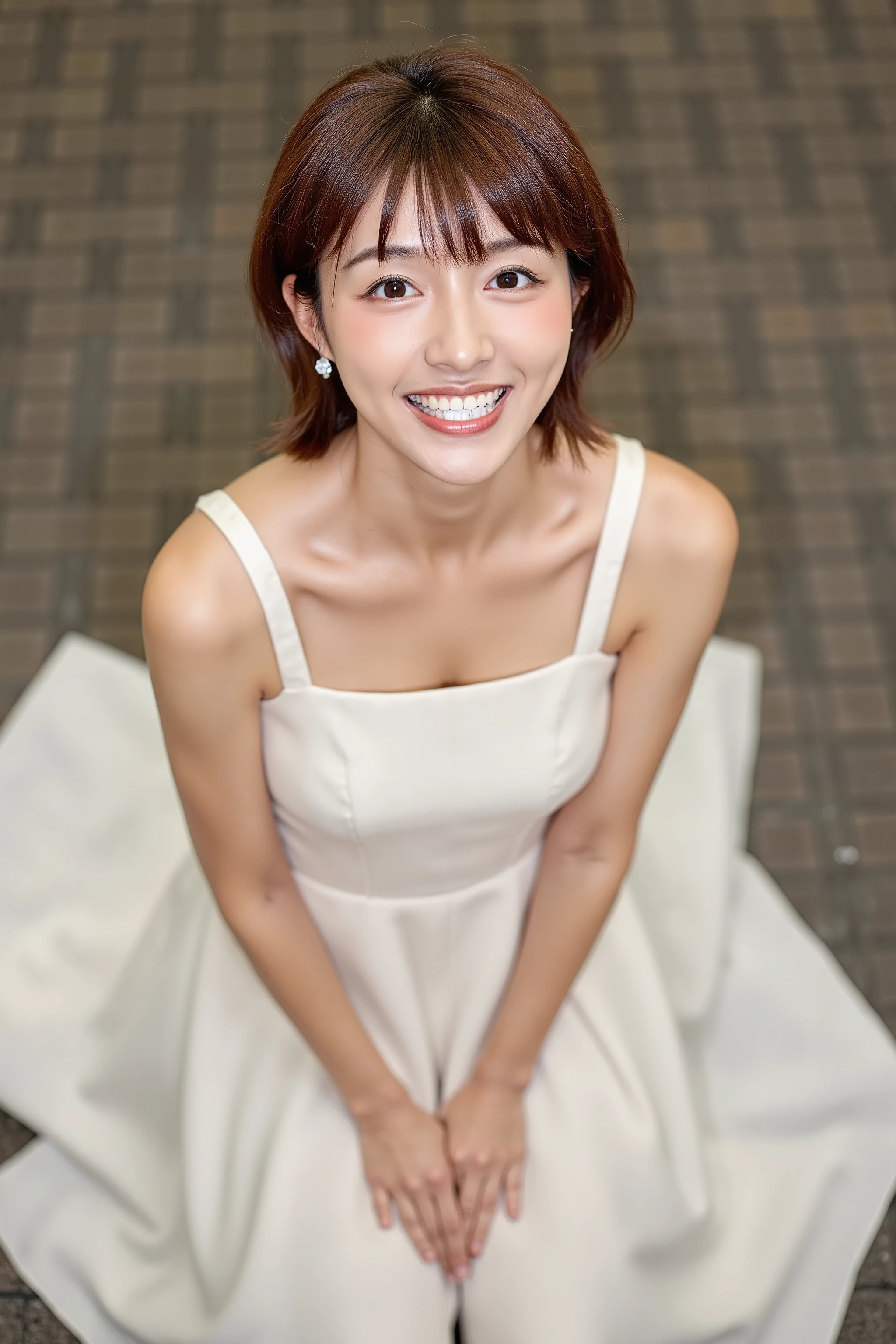 A high resolution photograph of a Japanese mature woman, masterpiece, photo-realistic, sharp focus, portrait, fashion shoot, solo, 1girl, kneeling, bare shoulders dress, short bob cut brown hair, open mouth wide, white cum in mouth, joyful expression, facing up, looking up at the viewer, face focus, close-up of face, front view, view from above),