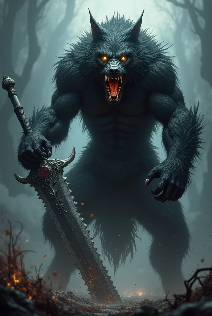 black werewolf,gigant ass , Profile, using a kamishimo, two katanas, black wings, back of head on fire.