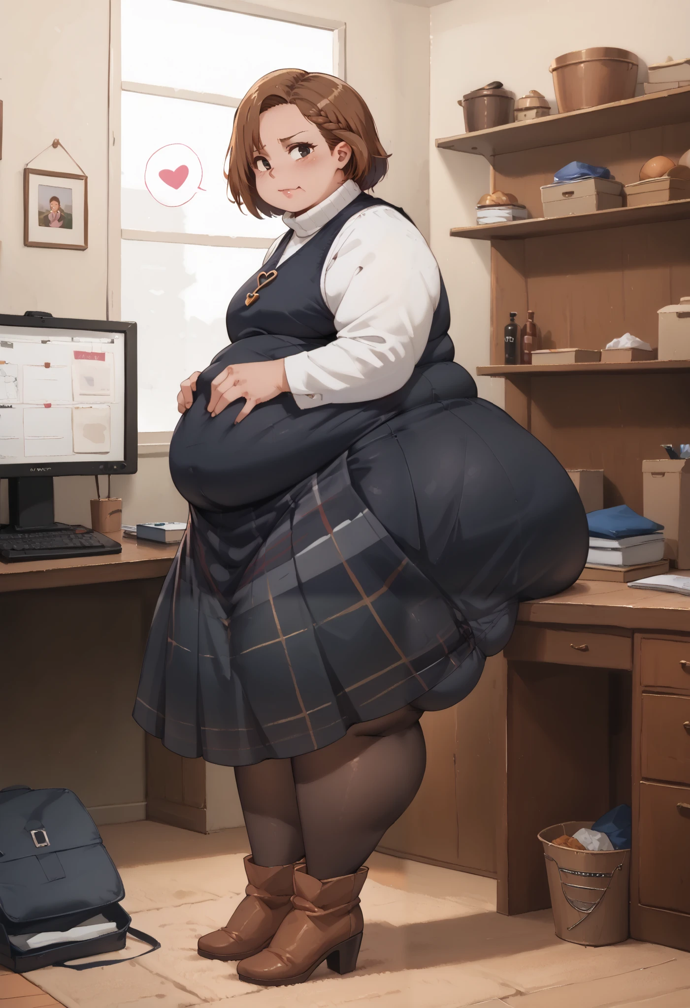 ((full body photo of a obese beautiful sexy secretary wearing extremely short skirt and seamed stockings, obeseweight, black hair, fat arms, obese belly, obese thick thighs, stands_straight, ((solo)), adult, in the office, high heels, craves sex, strokes_herself