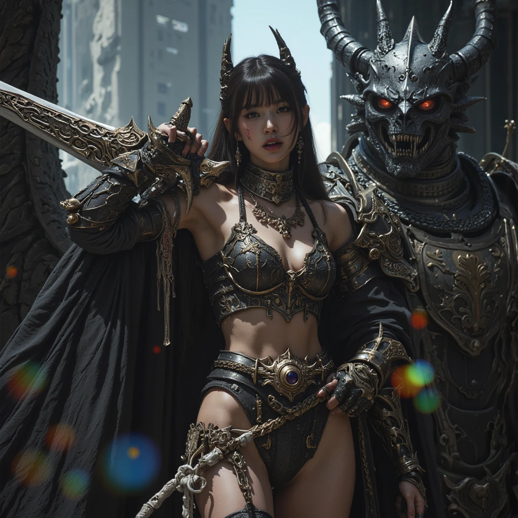 top-quality、masterpiece、超A high resolution、(Photorealsitic:1.4)、Raw photo、1人、(heavy breasts)、glowy skin、(((detailed beautiful faces)))、With a beautiful sword and shield、(Gorgeous Silver Bikini Armor、(((Random hair))),(((Beautiful legs))),(Kobold、ogre、Fierce battle with orcs),(Colossal tits)、Seductive look、(Background of decaying dungeon ruins)、(Ultimate Beauty)、(Detailed and realistic beauty face)、(Fighting Demonic Beasts)、(Small LED)、((super realistic details))、portlate、(Strong giant demon beast background),globalillumination、Shadow、octan render、8K、ultrasharp、Colossal tits、Raw skin is exposed in cleavage、metals、Details of complex ornaments、Japan details、highly intricate detail、Realistic light、(Mystical expression),CGSoation Trends、Red Eyes、radiant eyes、Facing the camera)、Gundam、Small LED、Toostock、(Gold Micro Bikini)、(Attack of the Monster Beasts)、(Micro Bikini Armor)、Toostock、Toostock、