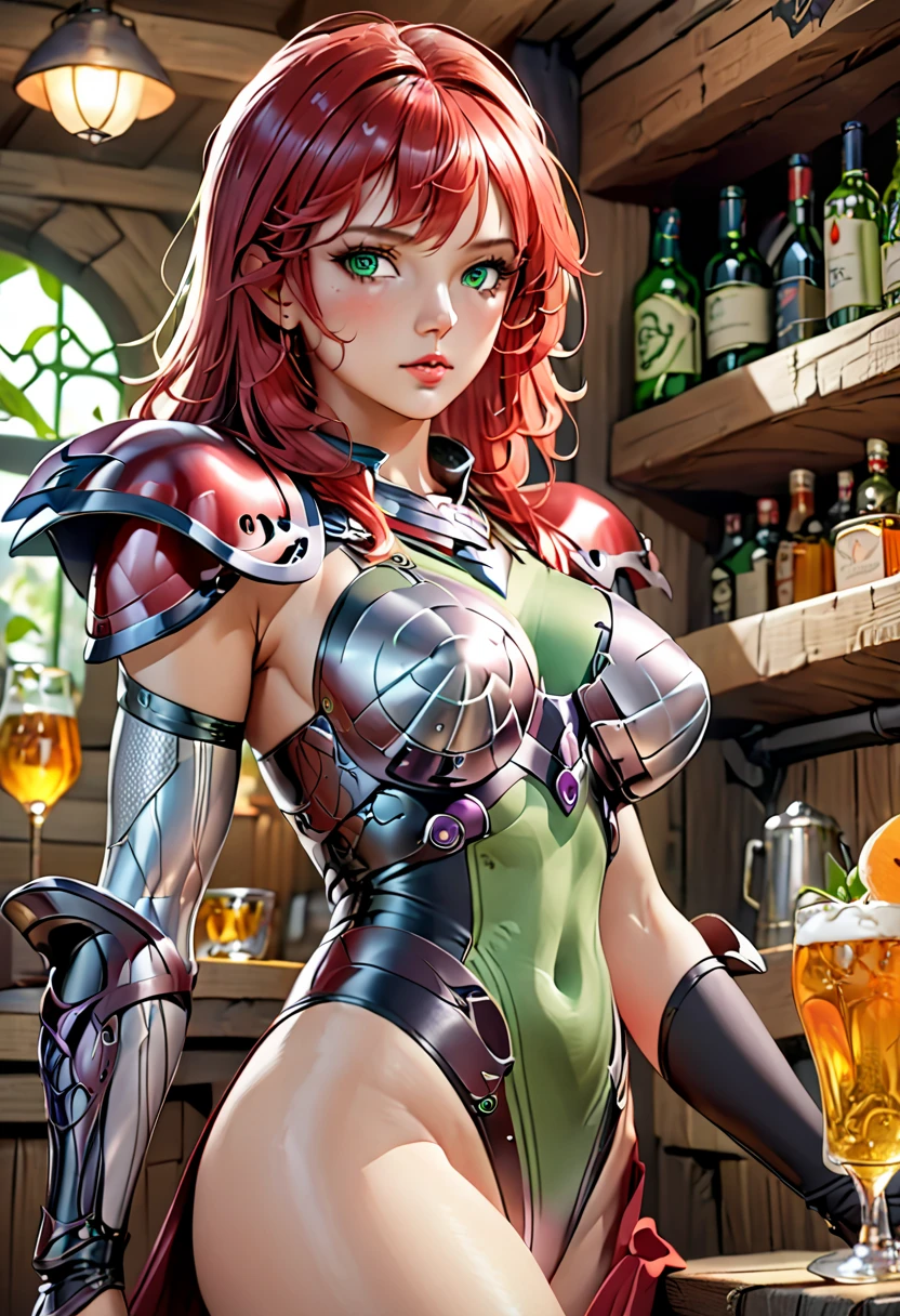 8K, Tarot Cards, (Woman knight), Super beauty (Like the real thing) Red short bob hair a matural female Sexy chest armor in silver and black Black and gold trousers Blackleg Armor Food and beer table Lots of coins enticing 超A high resolution real looking skin A smile A sexy