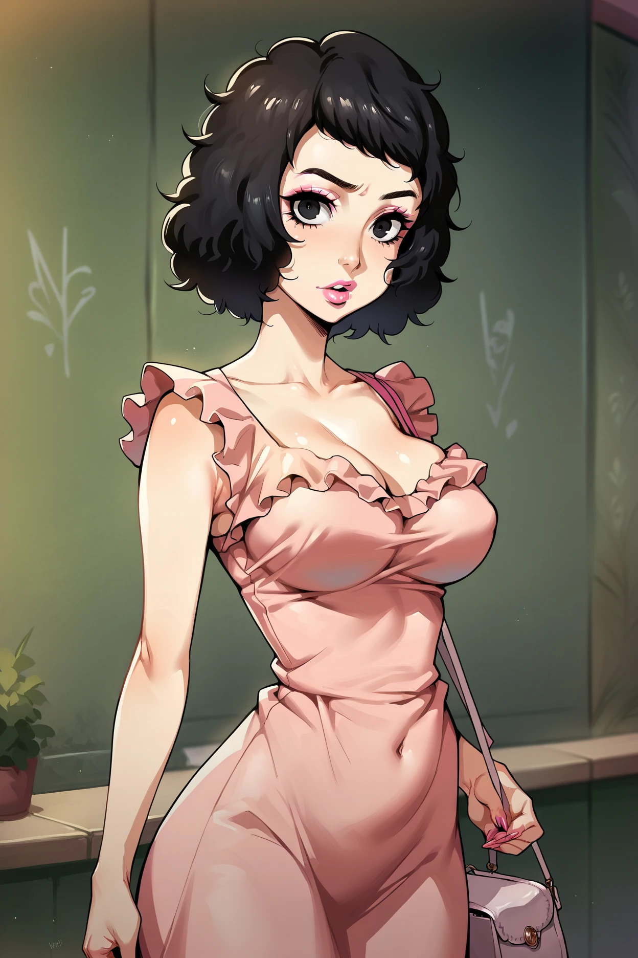 back view, (looking at viewer:1.2),  1girl, beautiful background, (cowboy shot:1.5),	gw_cath, solo,  jewelry, earrings,  skirt, hair ornament, brown hair, high heels, pantyhose, wavy hair, earrings, purple skirt,
<lora:gw_cath:0.85>