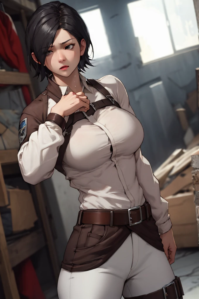 masterpiece:1.2, 1women, (Made in Abyss anime character), ((Ozen)), (30yers old), (best quality), (real picture, intricate details, depth of field), highly-detailed, perfect face, (eyes closed, kind smile), (huge breasts:1.3), attractive waist, tall, toned abdomen, (black and white square hair:1.2), sexy, disproportional tits, hanging breasts, ((women is wearing black pants and a black T-shirt)), side view, arms raised,