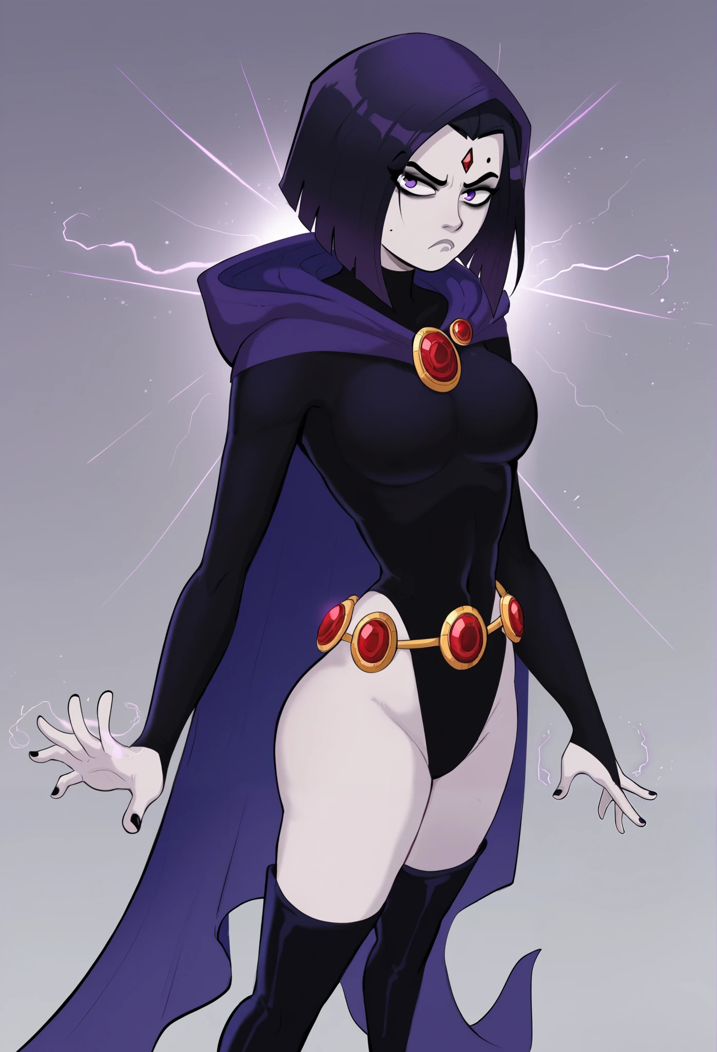 shadcom, score_9, score_7_up, 1girl, black hair, short hair, purple eyes, hood, cloak, leotard, pale skin, thigh-high boots, gold accessories, gemstone brooch, serious expression, gothic aesthetic, floating pose, raven DC