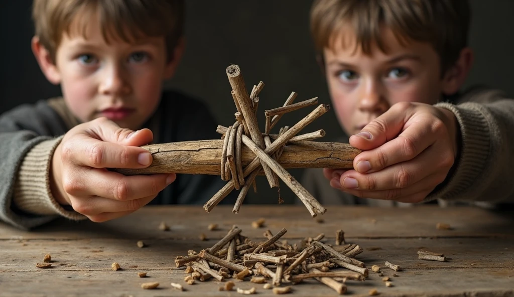 Stacy takes the bundle apart, one stick at a time. She gives each of her 3 sons a single stick, and they easily break them.