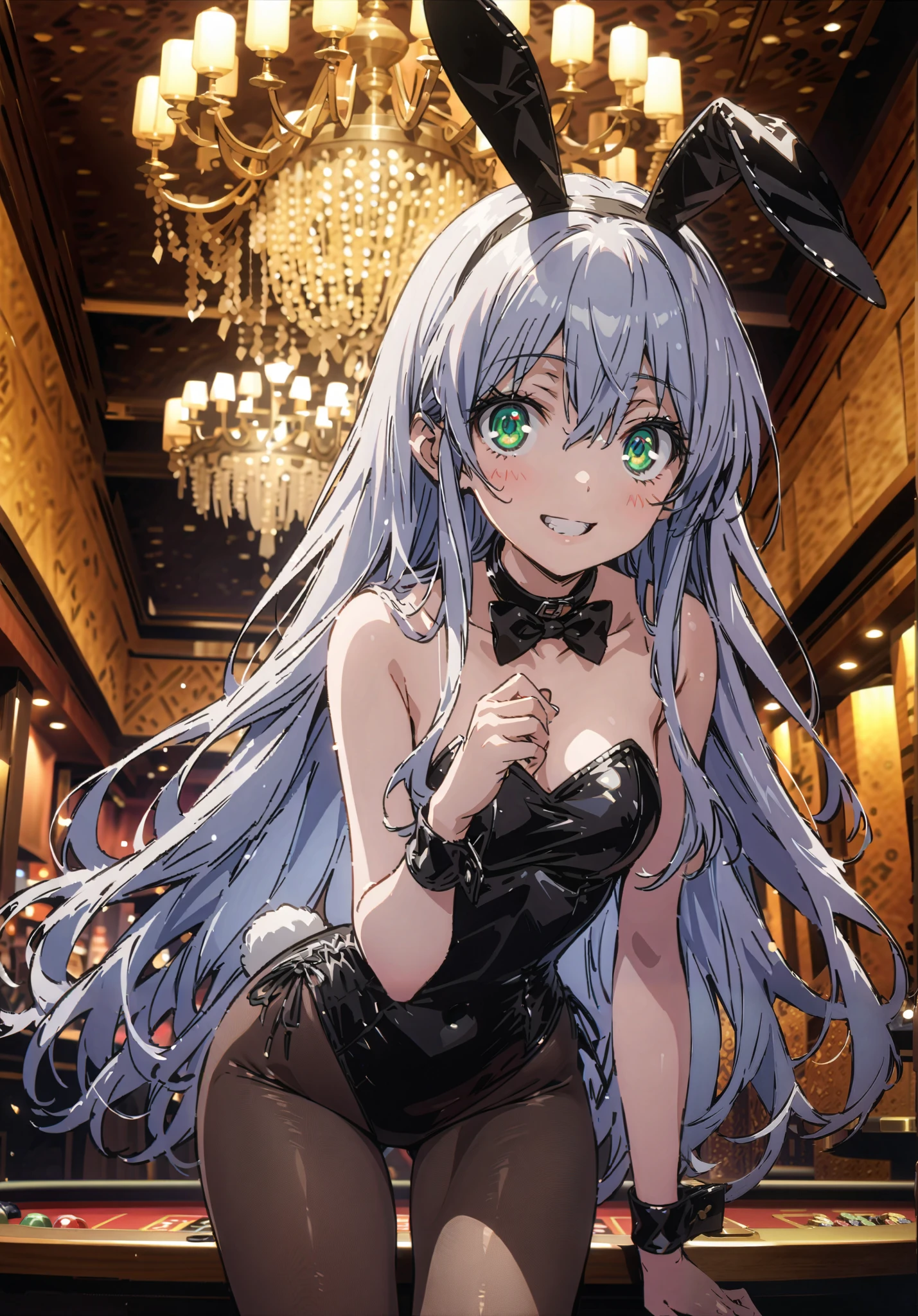 score_9, score_8_up, score_7_up, source_anime, Prohibited bibliography,Alone, green eyes, Lantern, long hair, smile,blush, grin ,playboy bunny, rabbit ears,bow tie, strapless leotard, fake animal ears , rabbit tail, leotard, collar with a butterfly on the back, wrist cuff as pmaru,black pantyhose,pin heels,トレイ on the one hand, casino,chandelier, party venue,standing,full bodyがillustration for both eyesに入るように, break indoors, casino,
break looking at viewer,full body,
break (masterpiece:1.2), Top Quality, High Resolution, Unity 8K Wallpaper , (illustration for both eyes:0.8), (Beautiful Detailed Eyes:1.6), highly detailed face with a woman, perfect lighting, highly detailed CG, (perfect hands in a dark bedroom, perfect anatomy),