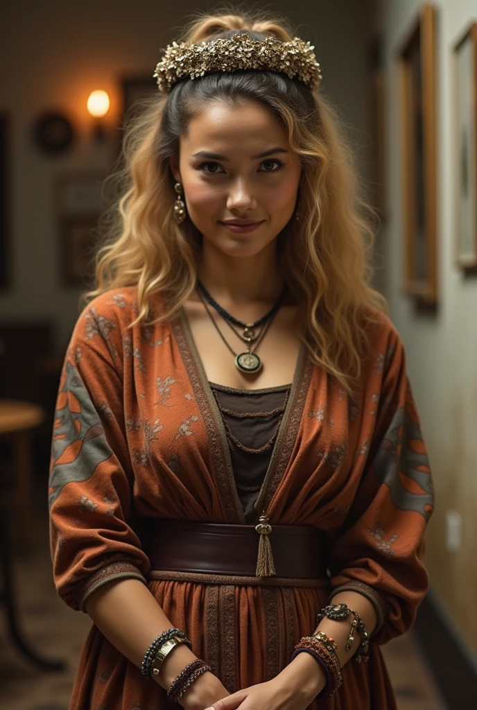 ((best quality)), ((masterpiece)), (detailed), Zendaya Coleman, Medieval Fantasy, Gold, Yellow, Orange, Tunic and Pants, Dirty, Messy Bun, Old timey, angry