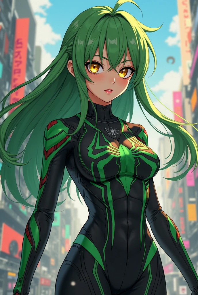 4K,High resolution,one woman,green hair,long ponytail,blue eyes,big breasts,ninja,tight cyber suit,cyber visor,cyber blade sword,city of the future,sky at night