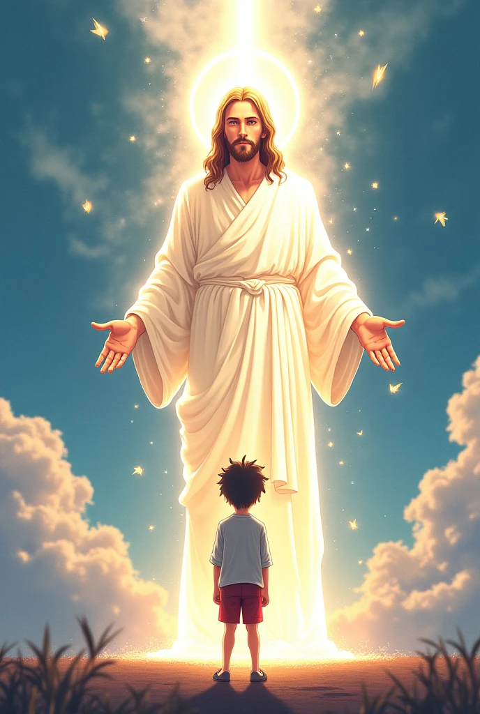 In front of jesus a boy is standing in cloud and boy is wearing school dress and name is written on boy's t shirt "Nitin"