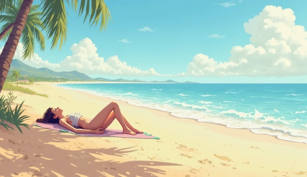 On the beach under the shade of a tree with an arrogant expression