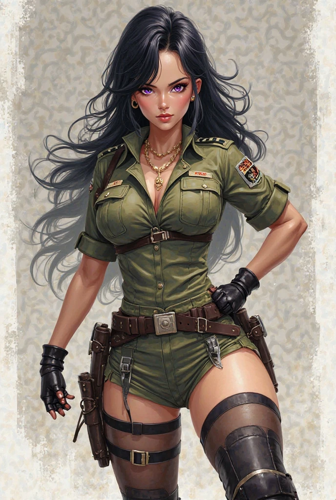 Sexy soldier, olive green leather shirt, skirt, jet-black hair, boxing gloves,