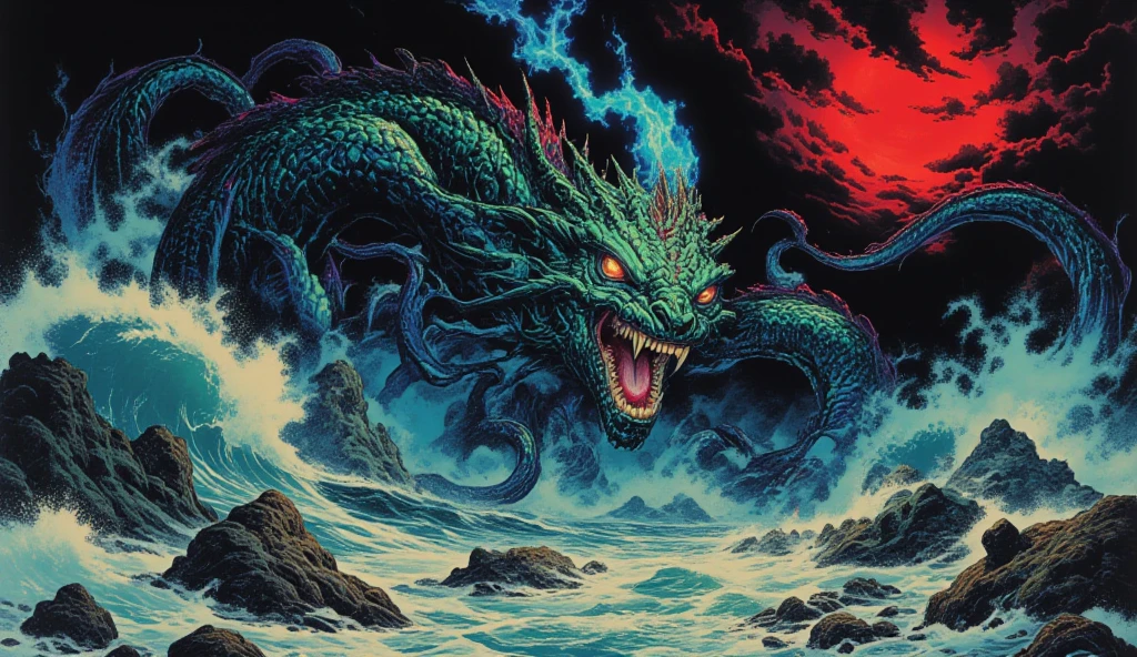 Cloudy,Angry roar,Hideous and terrifying,Giant head,Blood Black,Lovecraftian gods,繁复的China头冠,China铠甲,blood,Black Abyss,China,China式宗教,Abstract Art,Surrealism,Magical Realism,Impression style,Lovecraft atmosphere,Lovecraft atmosphere,Lovecraftian inspiration,Doomsday scene,Red distorted sky,Bloody earth,Flowing black water