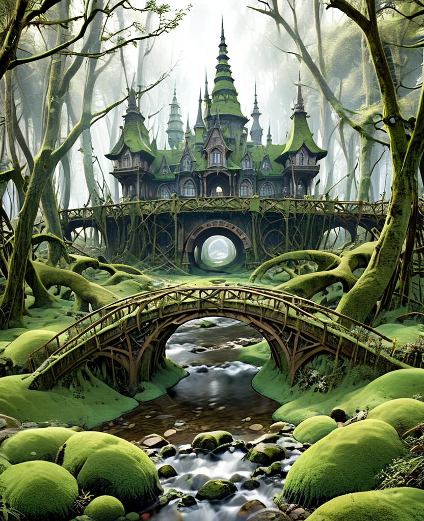 Nature of trees with many branches mosses framed houses with bridges with mosses on the top of the fantasy trees ,Final Fantasy style xii,Realistic 3D